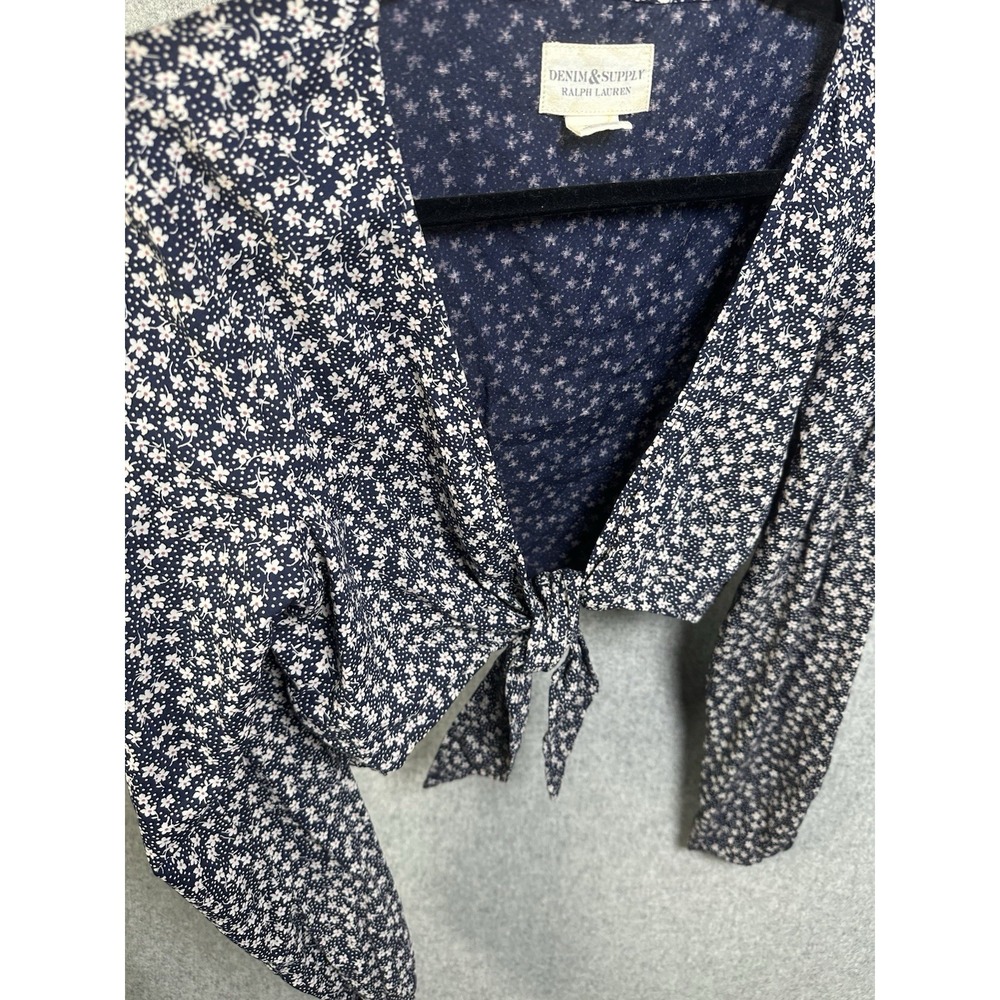 Denim & Supply Ralph Lauren Womens Top Large Blue Floral Cropped Blouse Tie - Picture 10 of 12